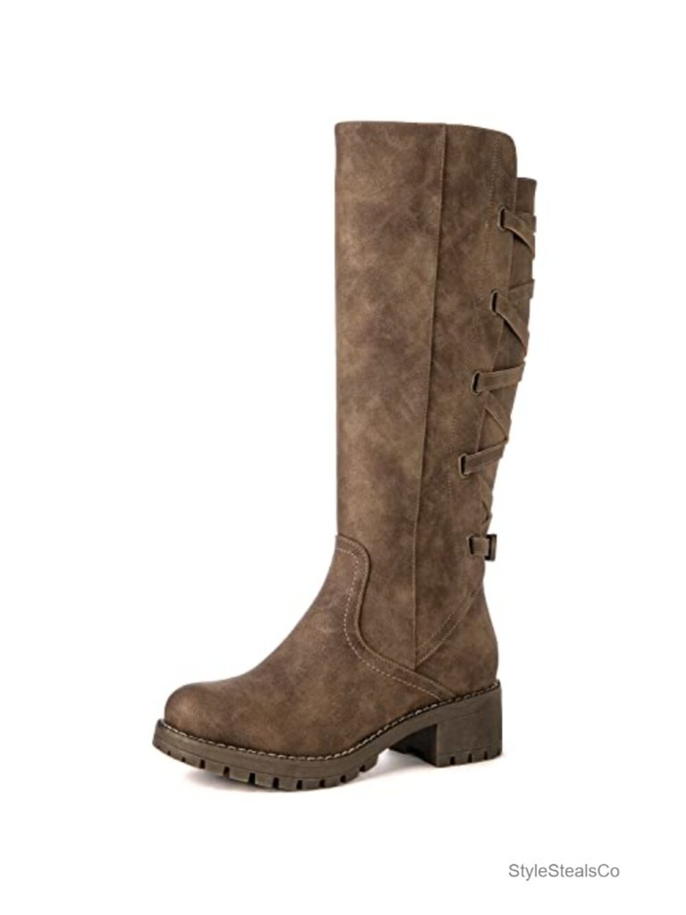 Women's Strappy Motorcycle Knee High Riding Boots Faux Leather Lace Up